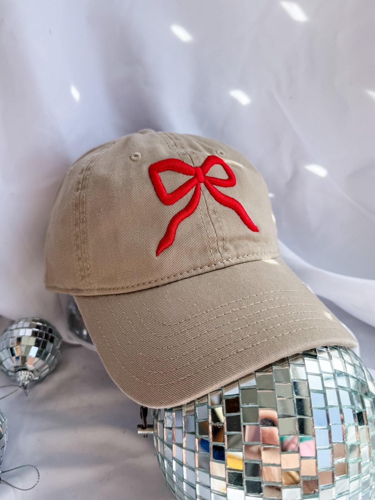 Red Puff Bow - Dad Hat Tan