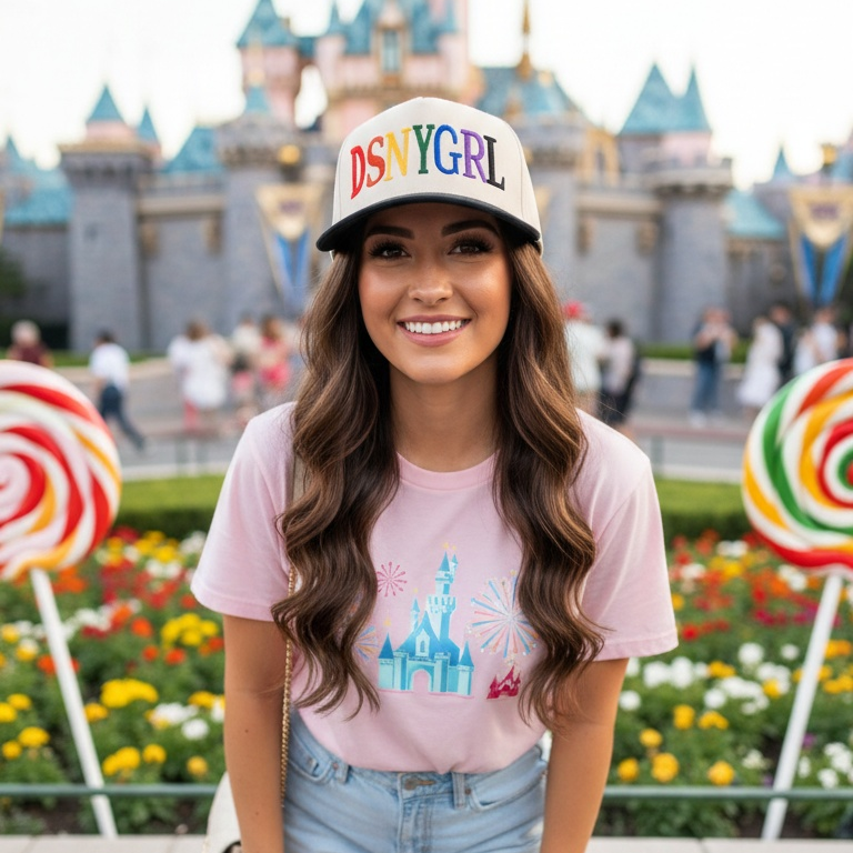 Woman wearing a pink t-shirt with a castle design and a colorful 'DISNEY' cap in front of a castle.