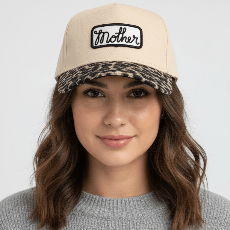 Woman wearing a beige cap with a leopard print bill against a white background