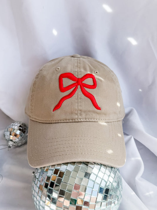 Red Puff Bow - Dad Hat Tan
